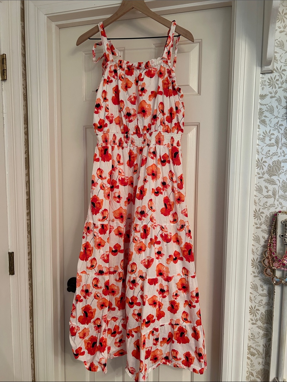 Matilda Jane White Maxi Dress with Red & Orange Floral Poppy Print
